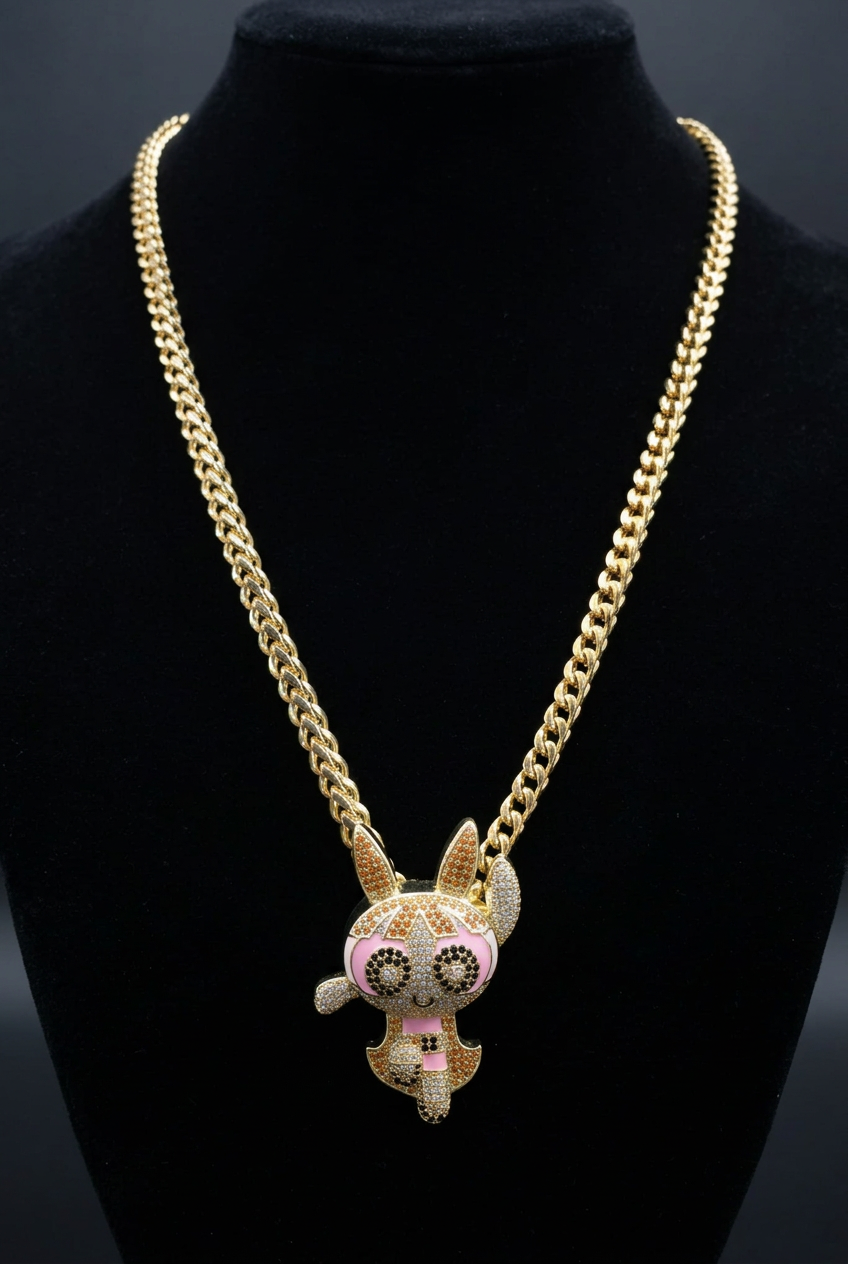 Cleaned PowderPuff pendant and necklace on black display