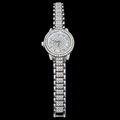 Silver-tone round Roman numeral watch with sparkling clear stone accents and a matching bracelet on a black background.