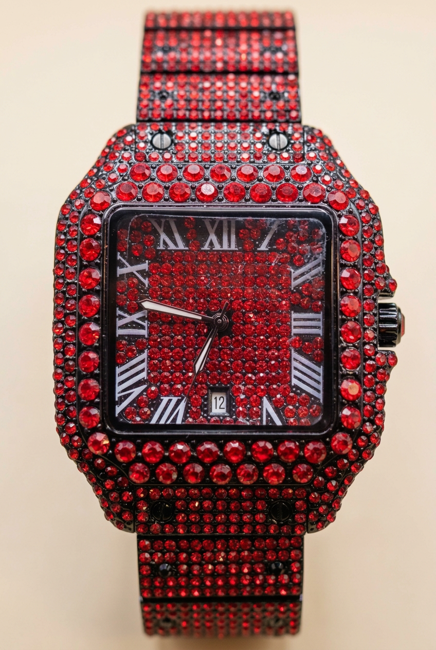Red sparkling rectangular Roman numeral watch on a neutral ivory background