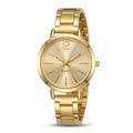 Classic gold-tone round-dial quartz watch with polished linked bracelet on white