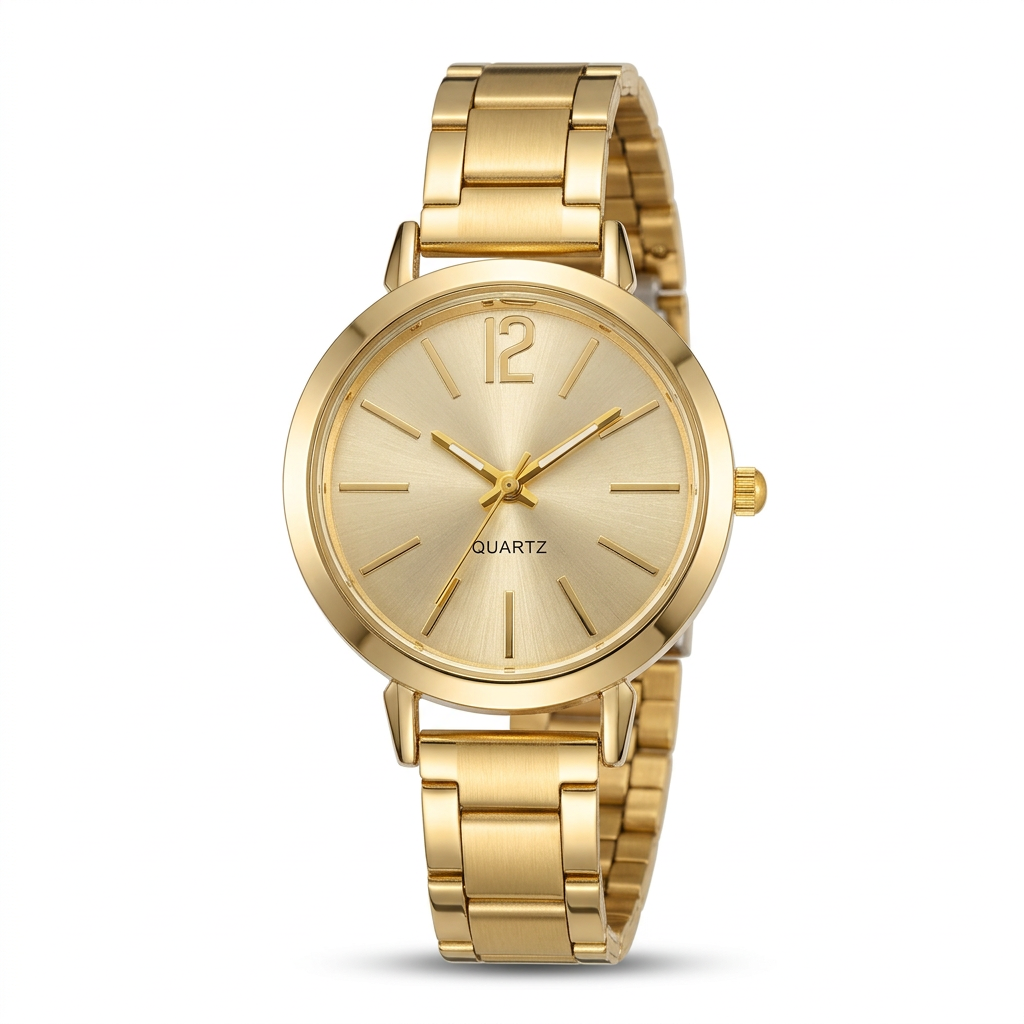 Classic gold-tone round-dial quartz watch with polished linked bracelet on white