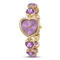 Purple heart-dial gold-tone watch with purple heart-shaped decorative bracelet stones on white
