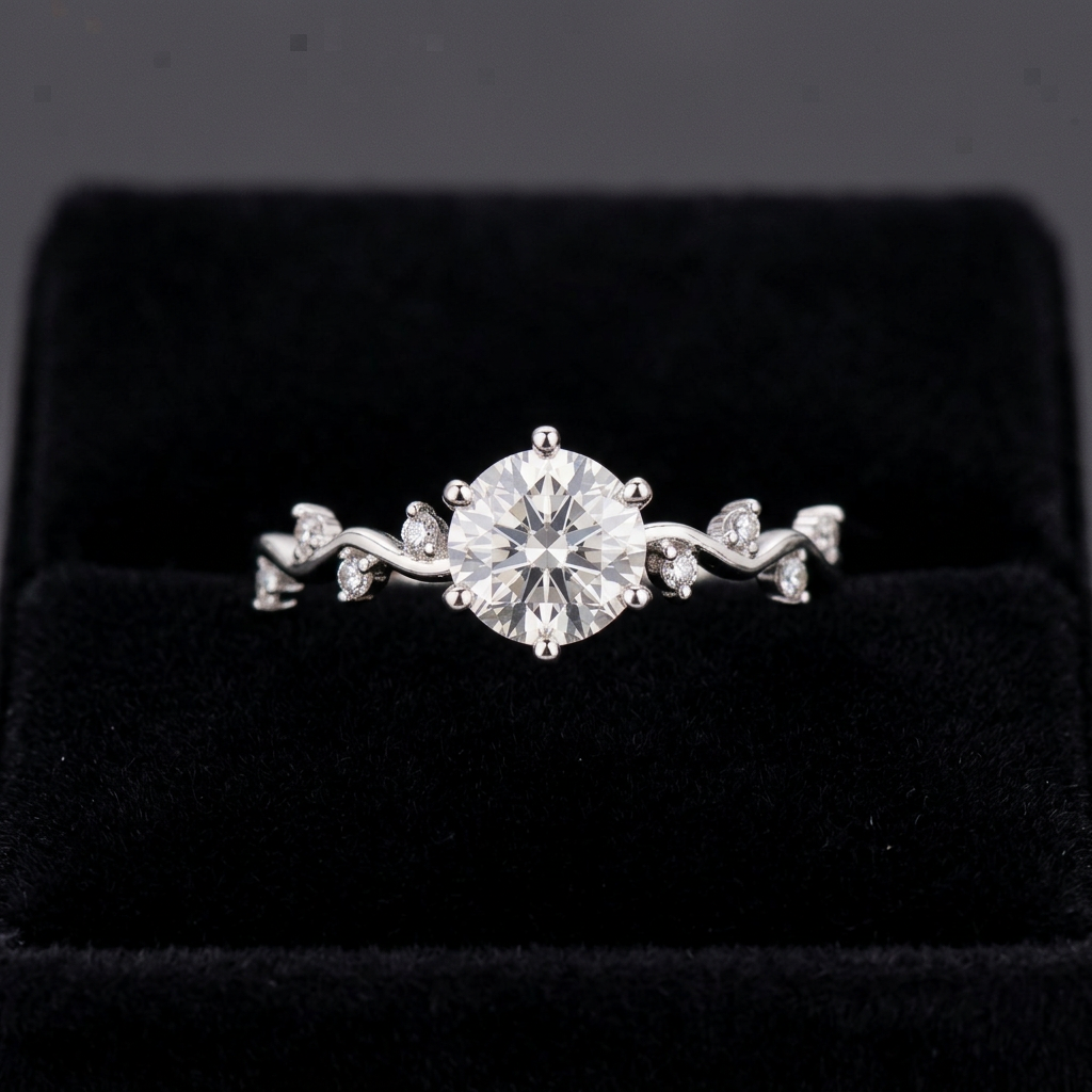 Clear stone ring with flower-like cluster of sparkling accents