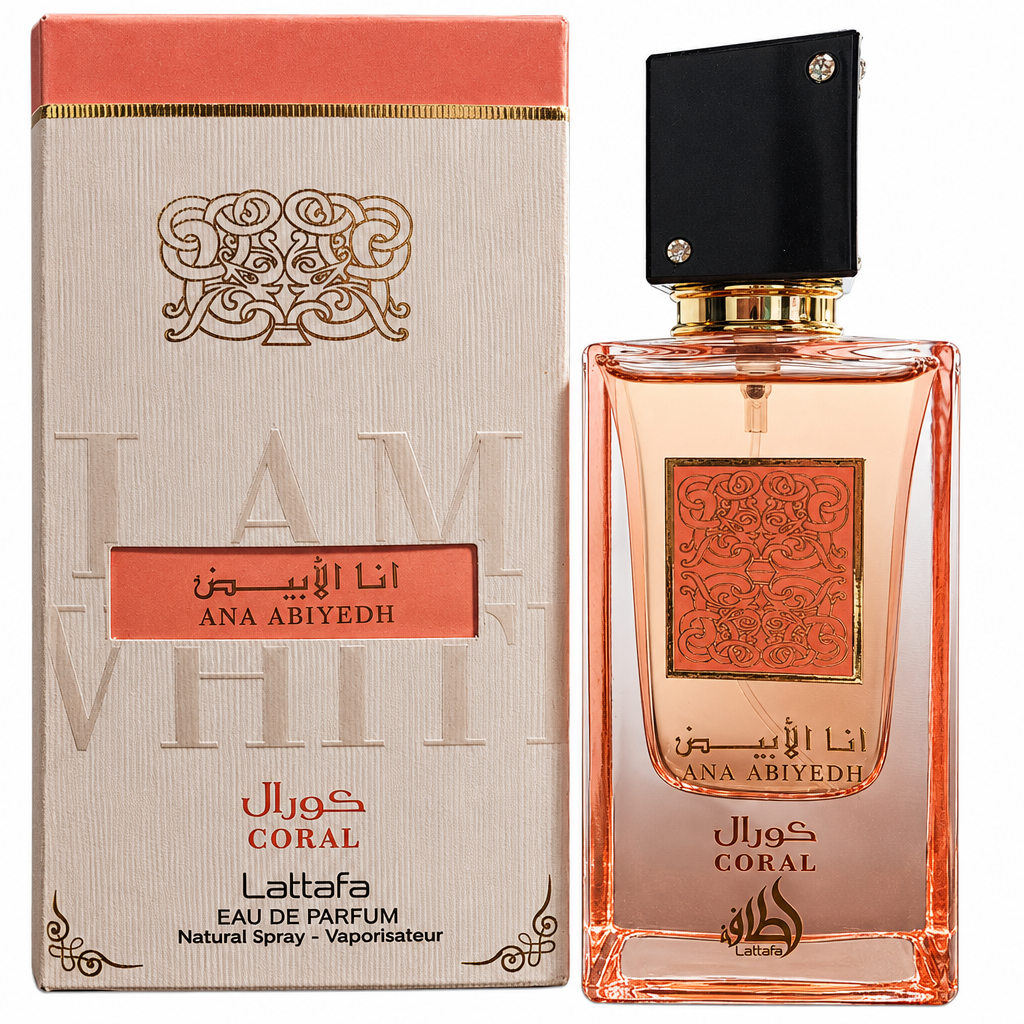 Lattafa Ana Abiyedh Coral perfume bottle and matching box