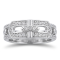 Silver-tone open rectangular-loop ring with clear accent stones and a central vertical detail on white
