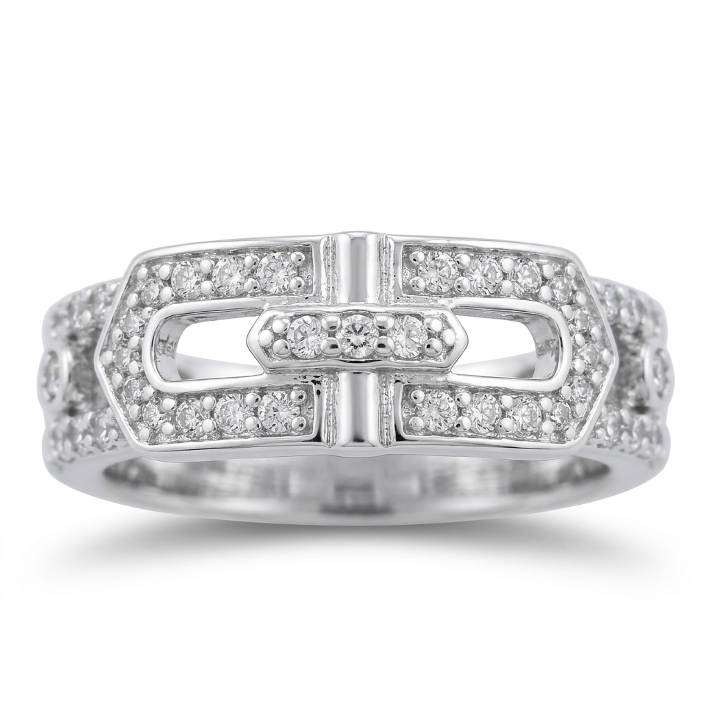 Silver-tone open rectangular-loop ring with clear accent stones and a central vertical detail on white