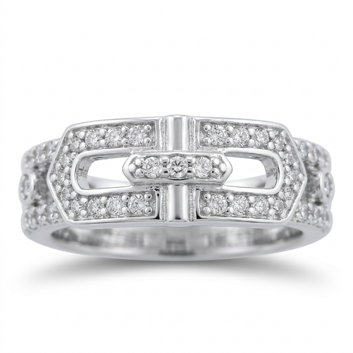 Silver-tone open rectangular-loop ring with clear accent stones and a central vertical detail on white