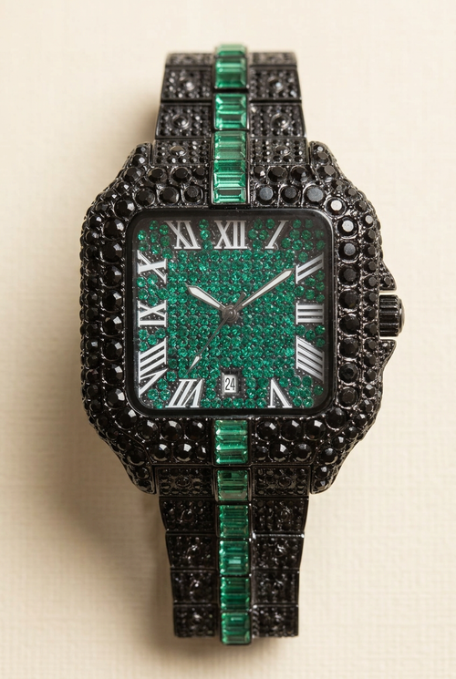 Black-tone green sparkling rectangular watch on a neutral ivory background
