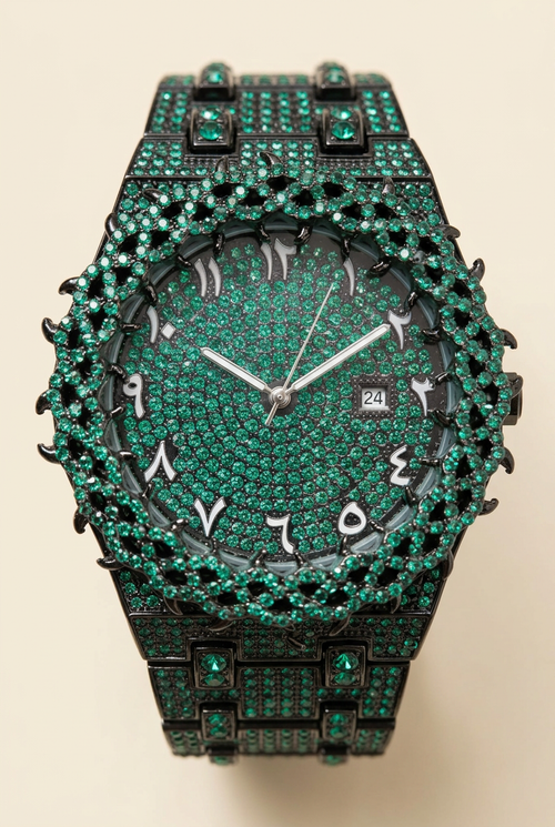 Black-tone green sparkling round watch on a neutral ivory background