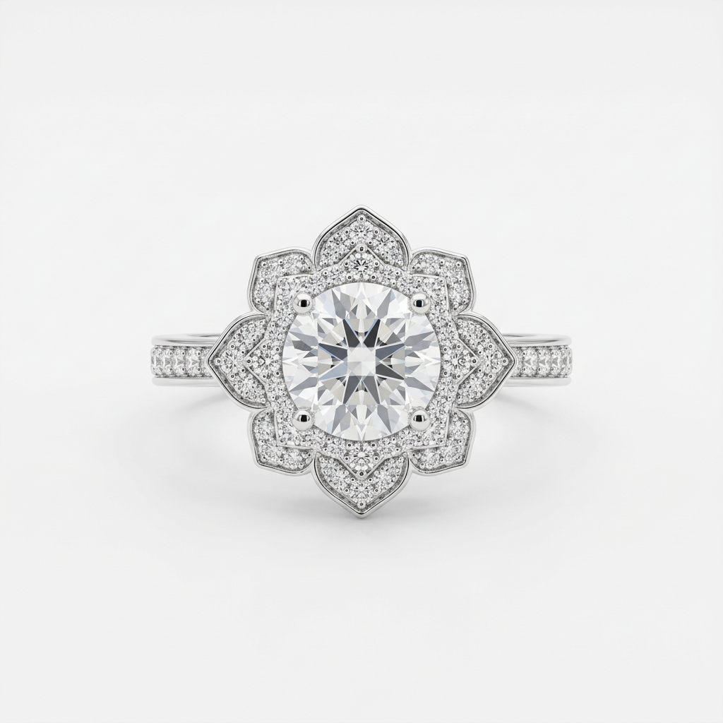 Ornate clear-stone floral ring with a slender silver-tone accent-stone band on white