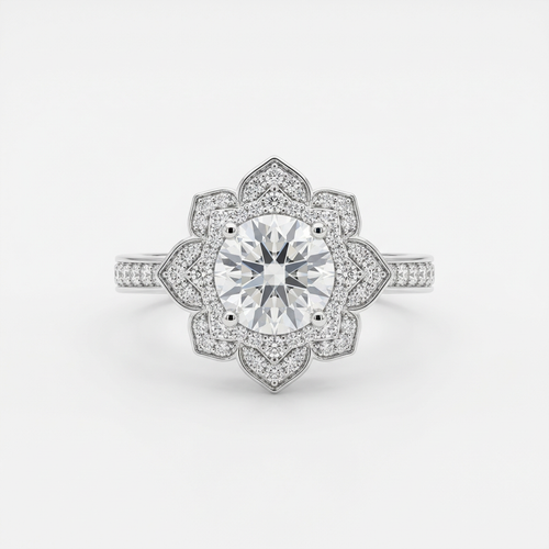 Ornate clear-stone floral ring with a slender silver-tone accent-stone band on white