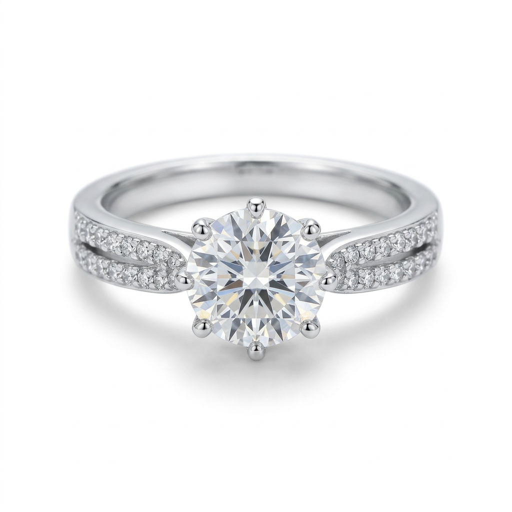 Oval clear-stone halo ring with a silver-tone accent-stone band on white