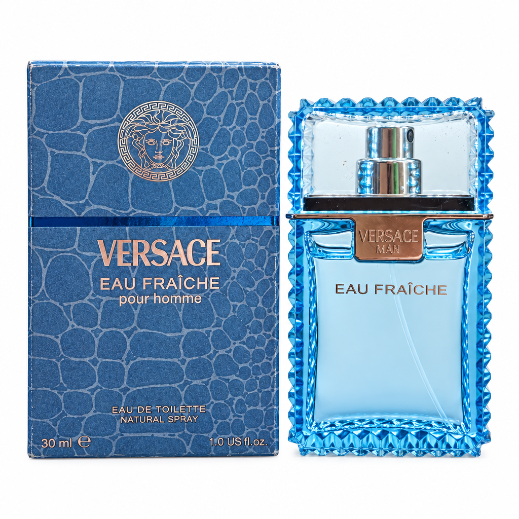 Versace Eau Fraîche Pour Homme blue bottle and patterned box