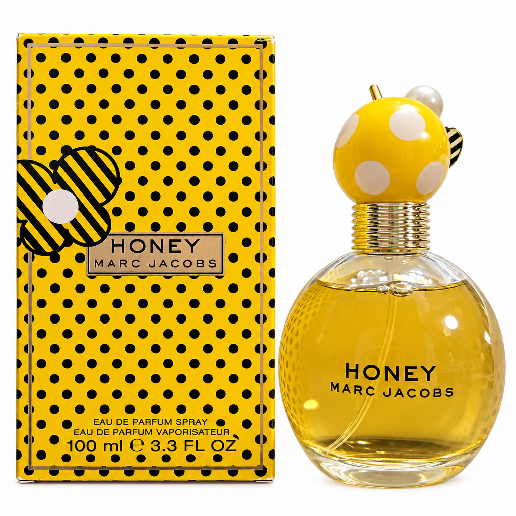 Marc Jacobs Honey 100 mL perfume bottle and matching yellow box