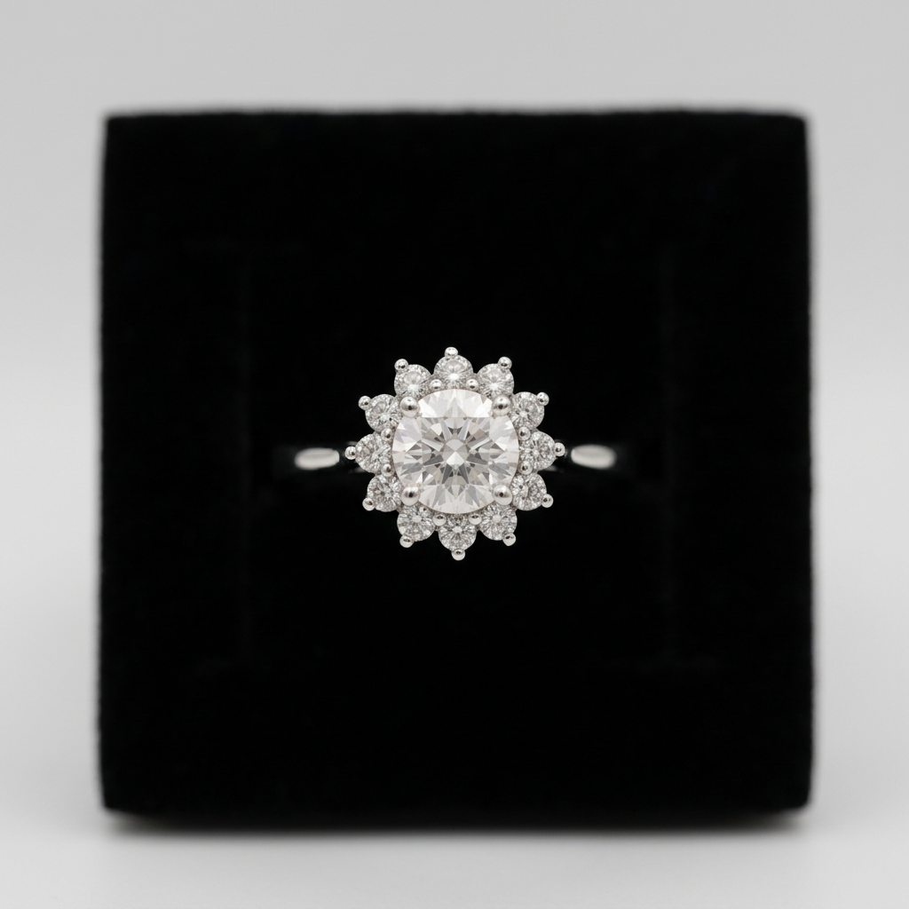 Round clear stone ring with angular geometric shoulder details