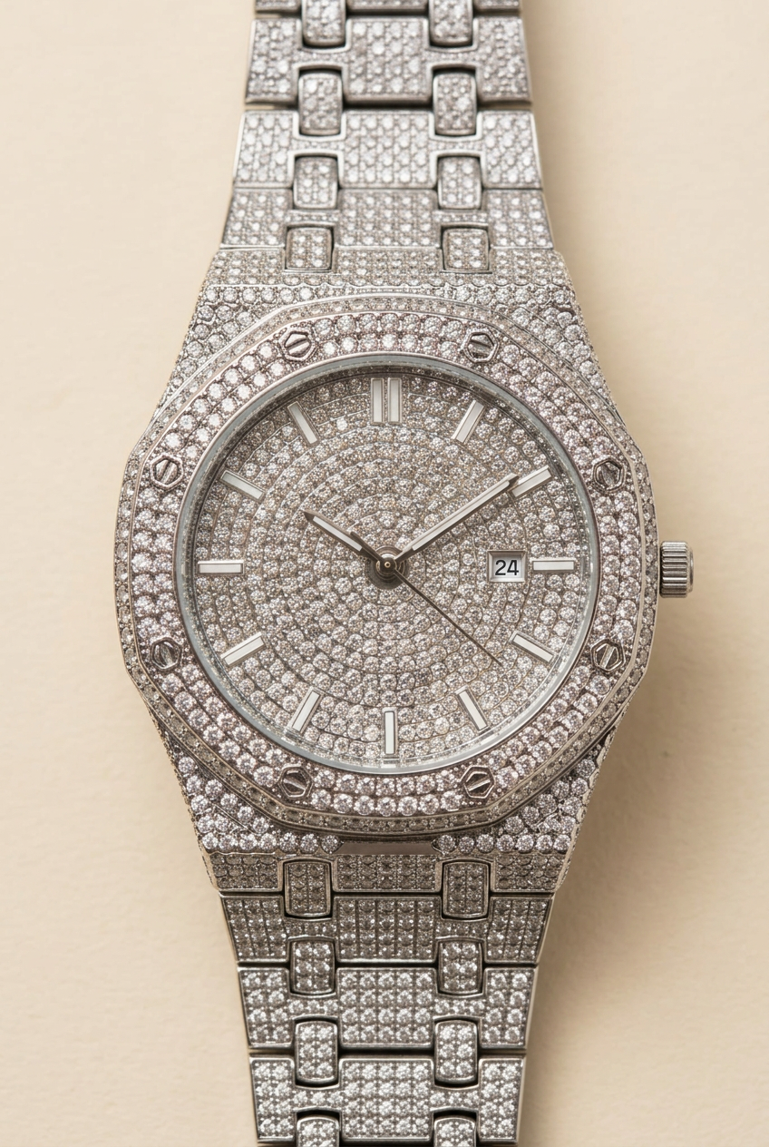 Silver-tone sparkling round dial bracelet watch on a neutral ivory background