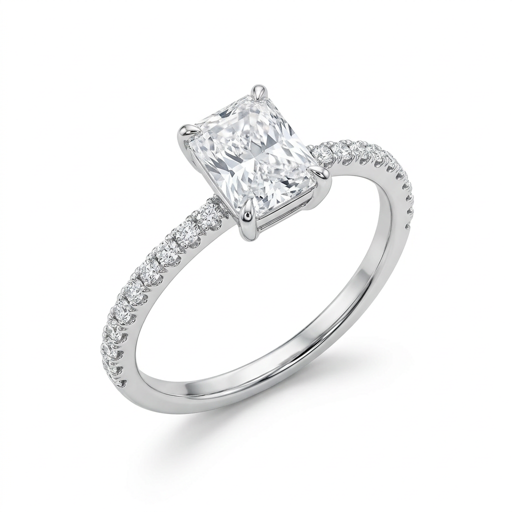 Rectangular clear-stone ring with a slender silver-tone accent-stone band on white