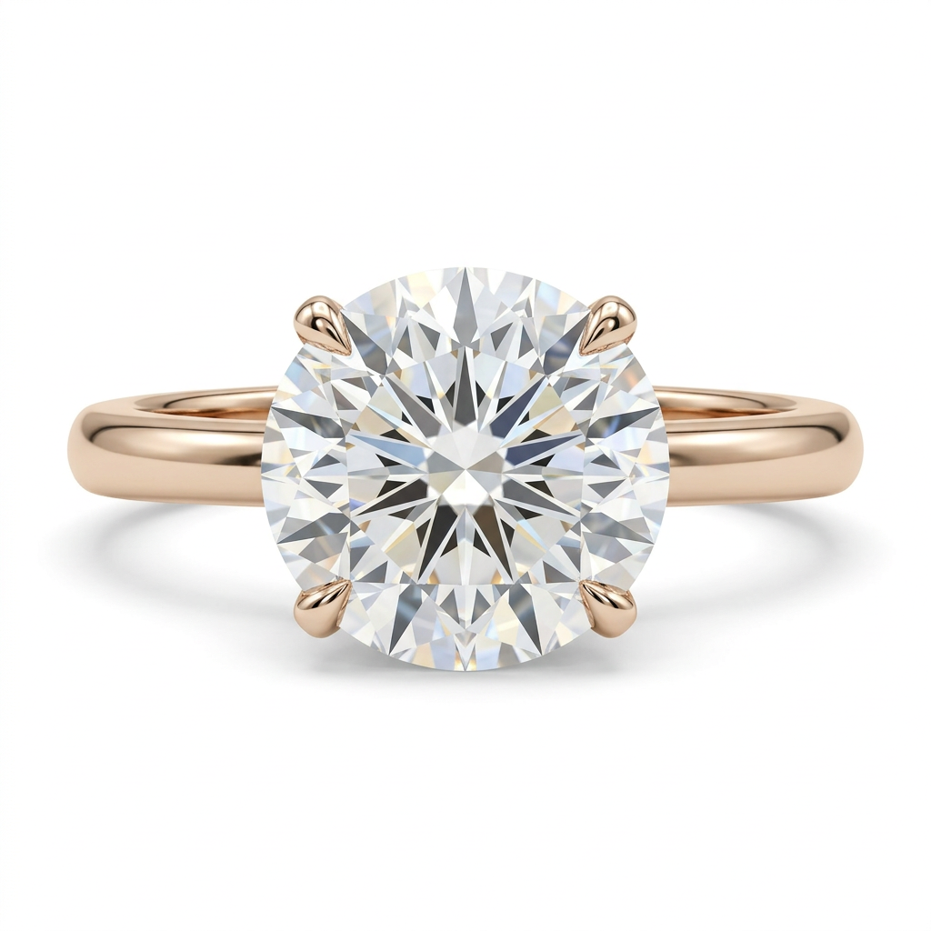 Round clear-stone solitaire ring with slender polished band on white