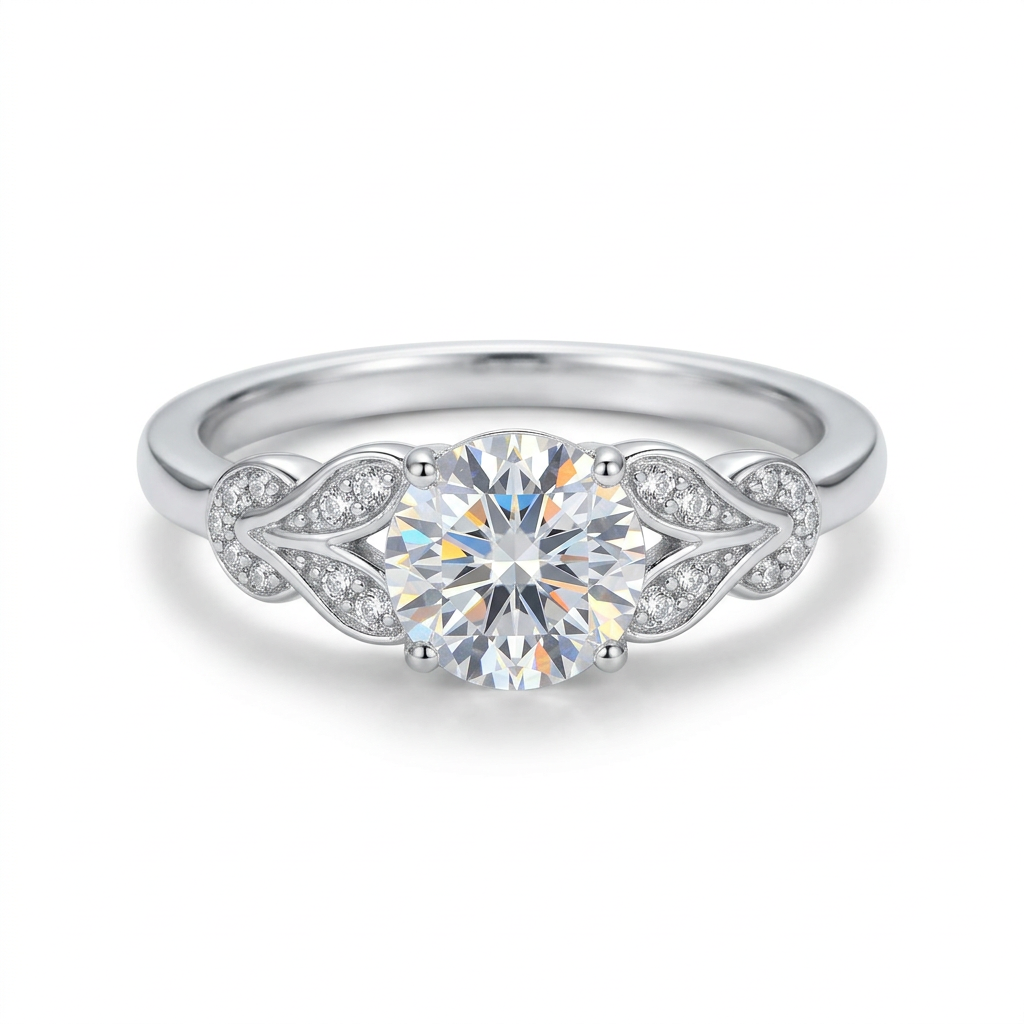 Round clear-stone ring with curved silver-tone accent-stone shoulders on white