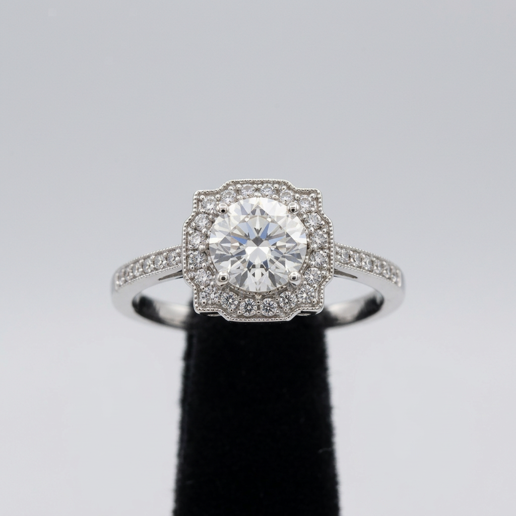 Clear center stone ring with shaped sparkling halo and accented shoulders