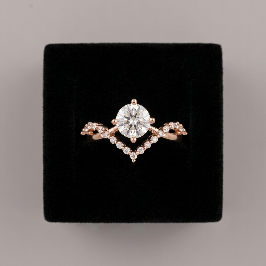 Round clear stone ring with V-shaped sparkling accents