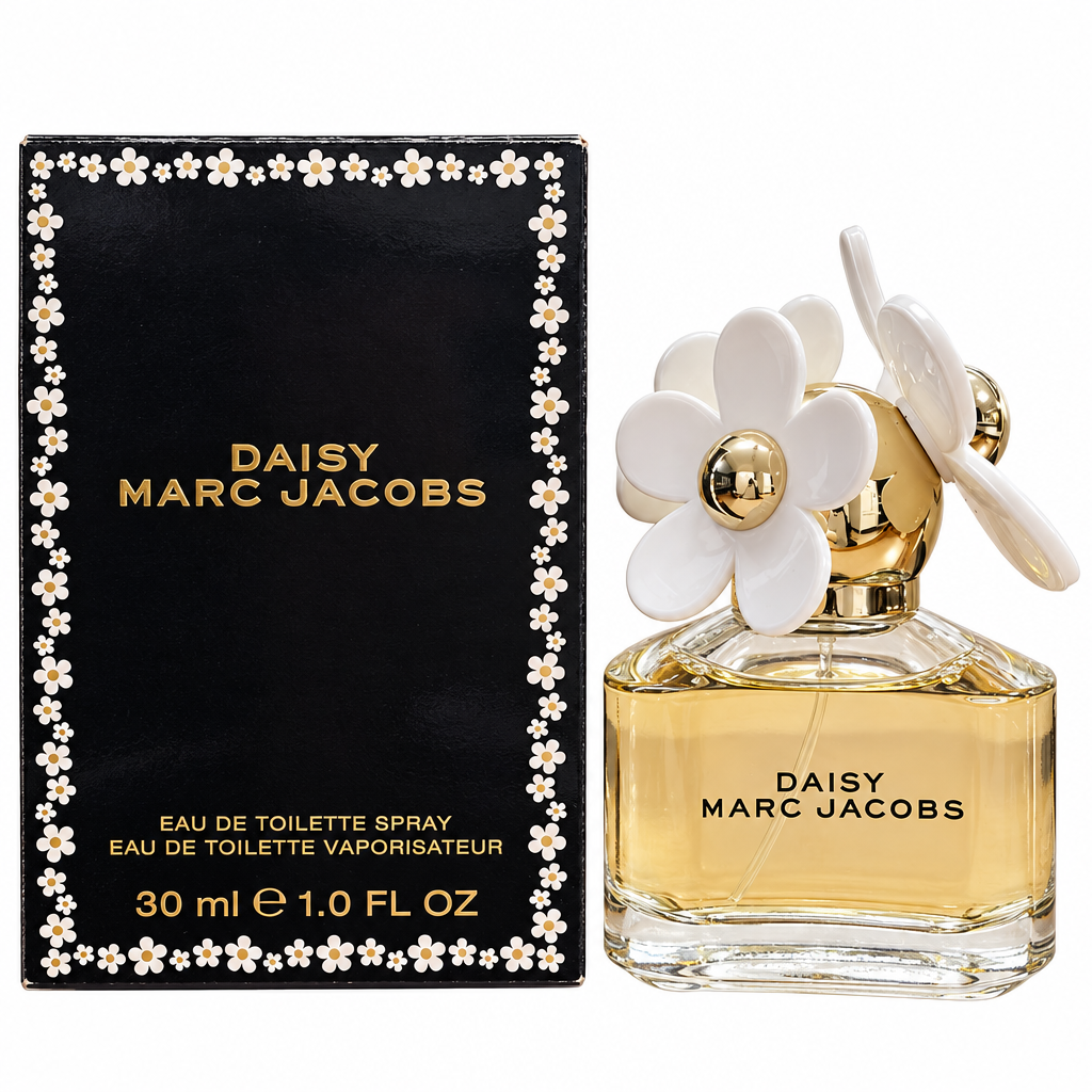 Marc Jacobs Daisy 30 mL perfume bottle and matching black floral-bordered box