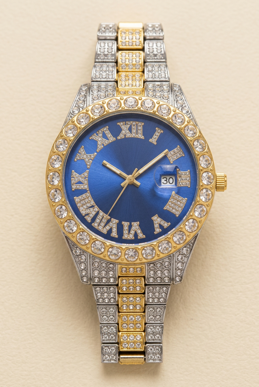 Two-tone sparkling blue dial Roman numeral watch on a neutral ivory background