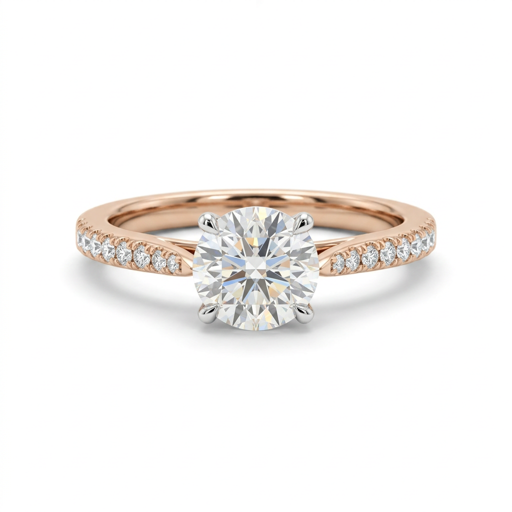 Round clear-stone solitaire ring with polished sweeping shoulders on white