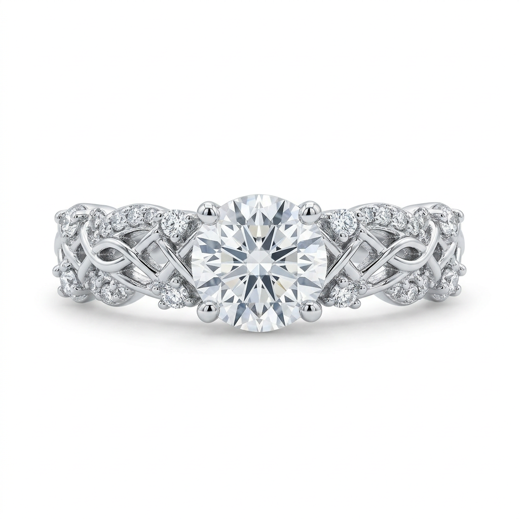 Round clear center-stone ring with silver-tone accent-stone shoulders on white