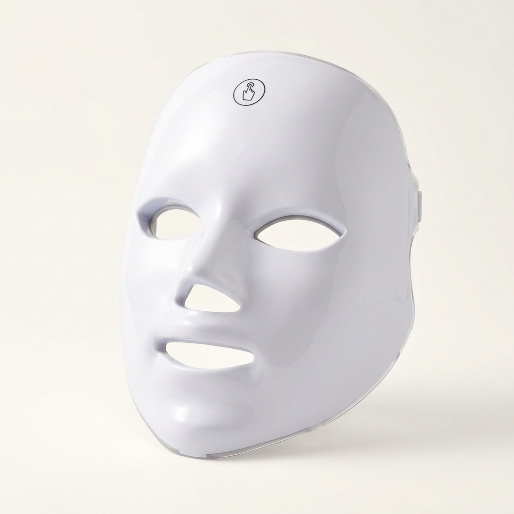 Glossy white contoured beauty face mask with eye, nose and mouth openings on a white background