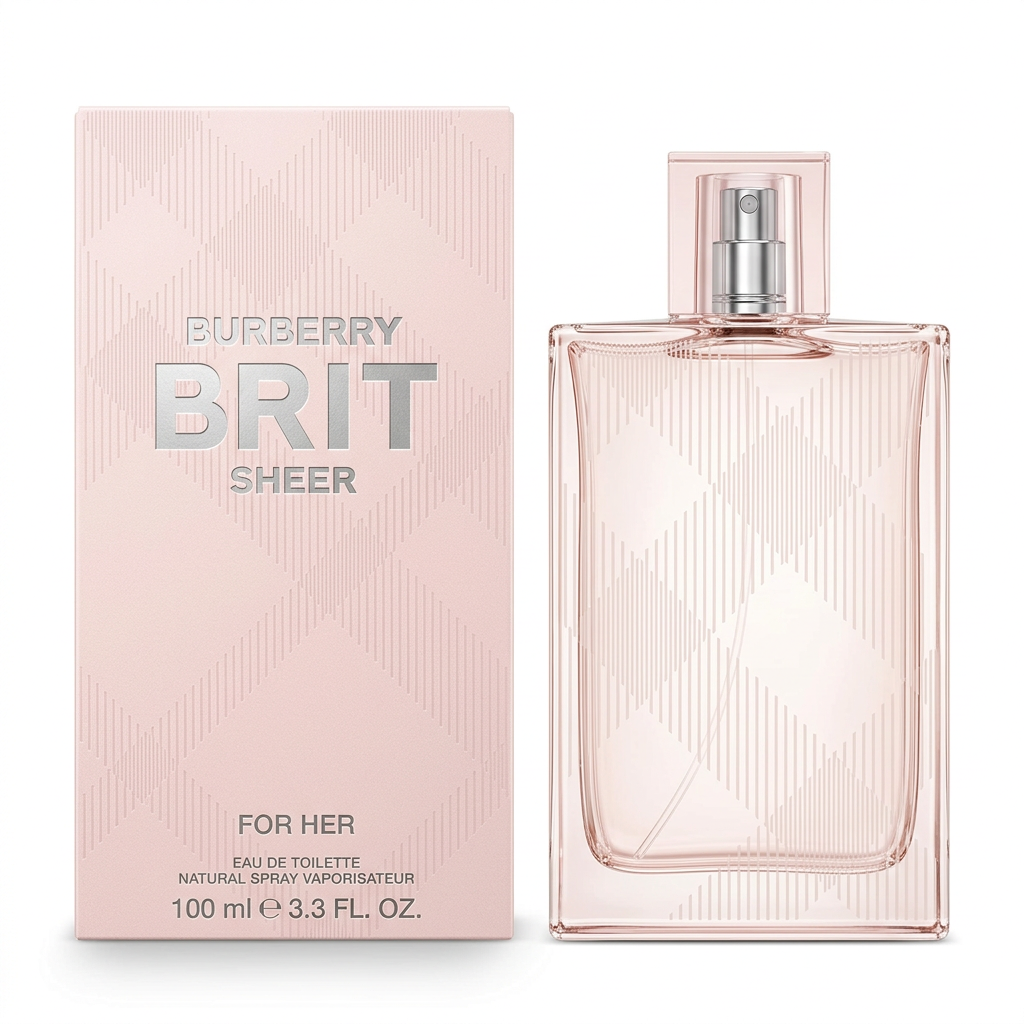 Burberry Brit Sheer pale pink check-patterned perfume bottle beside matching pink retail box on white