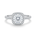 Clear-stone ring with a cushion-shaped halo and slender silver-tone accent-stone band on white
