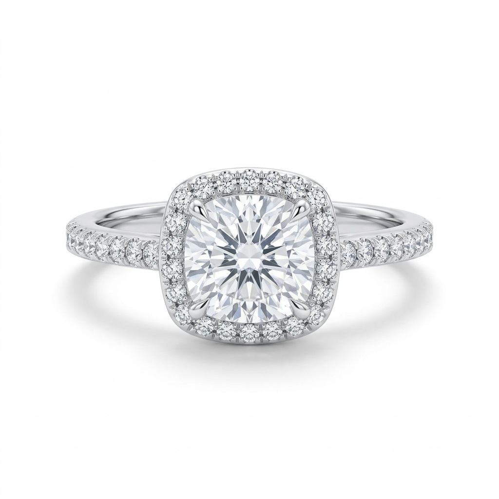 Clear-stone ring with a cushion-shaped halo and slender silver-tone accent-stone band on white
