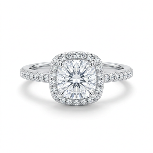 Clear-stone ring with a cushion-shaped halo and slender silver-tone accent-stone band on white