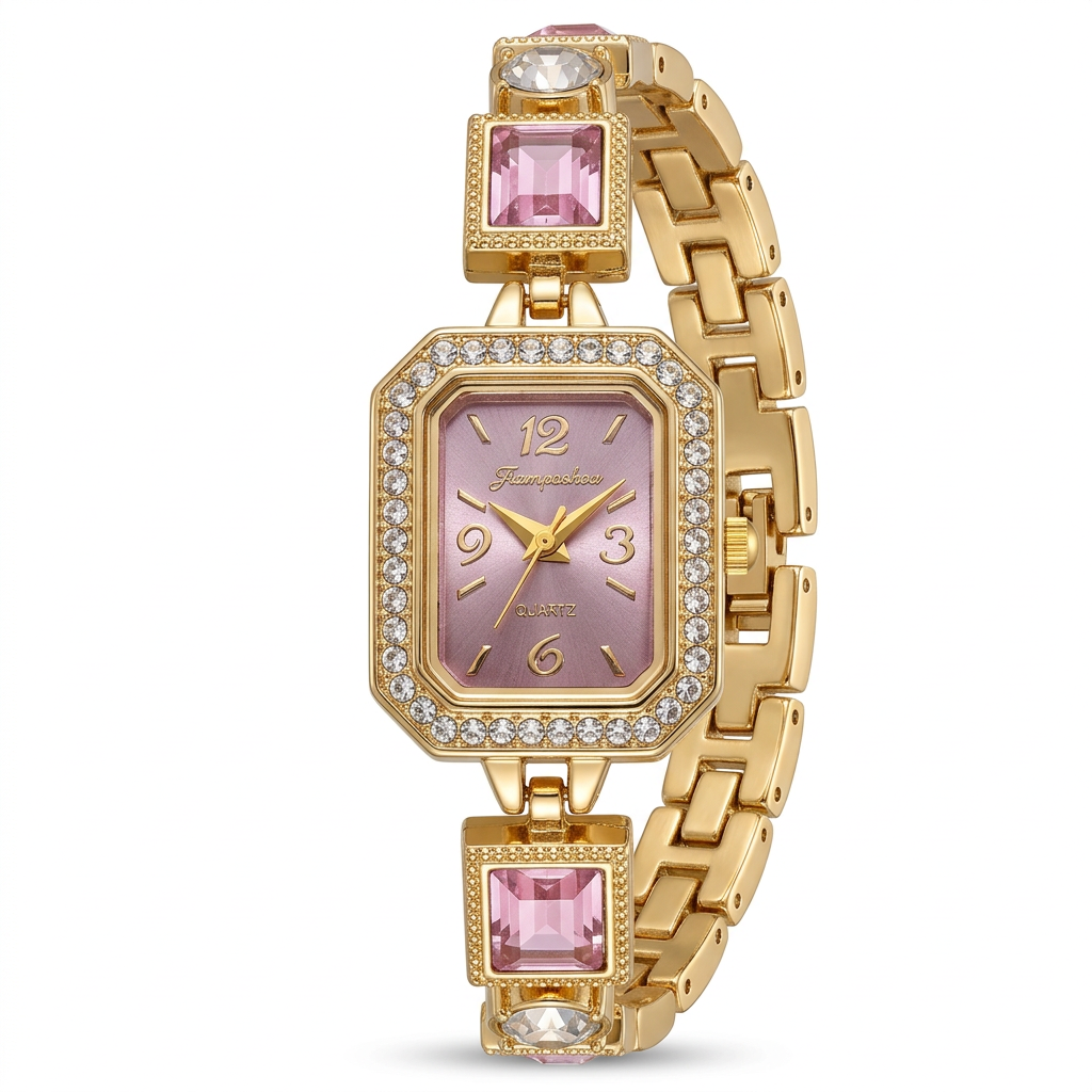 Pink rectangular-dial gold-tone bracelet watch with clear accent bezel and pink square stones on white