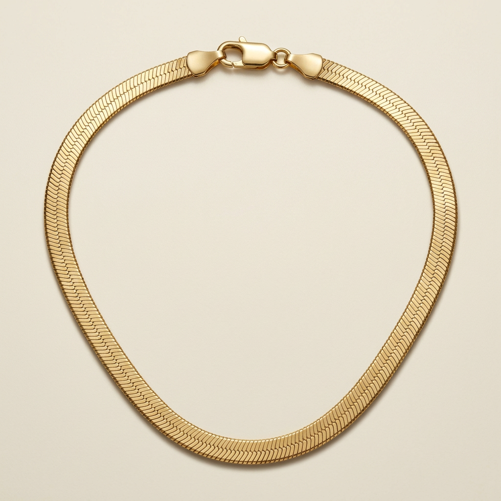 Gold-tone flat herringbone chain on a neutral ivory background