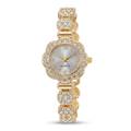 Gold-tone floral bracelet watch with round silver-tone dial and clear accent-stone bezel on white