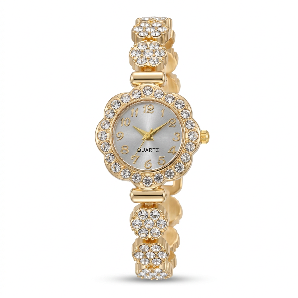 Gold-tone floral bracelet watch with round silver-tone dial and clear accent-stone bezel on white