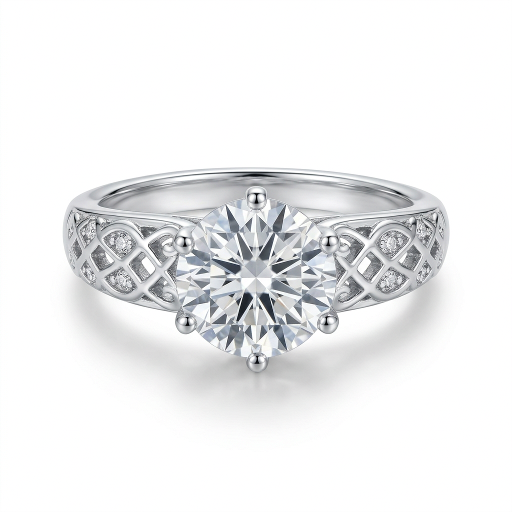 Round clear-stone ring with ornate silver-tone openwork lattice shoulders on white