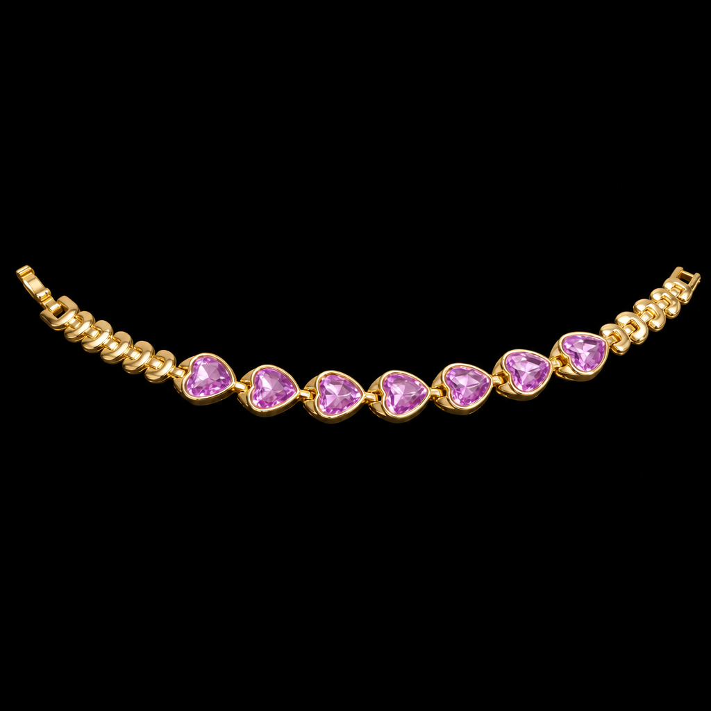 Gold-tone link bracelet with seven purple heart-shaped stone accents on a black background.