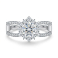 Round clear-stone ring with broad silver-tone open-loop accent-stone shoulders on white