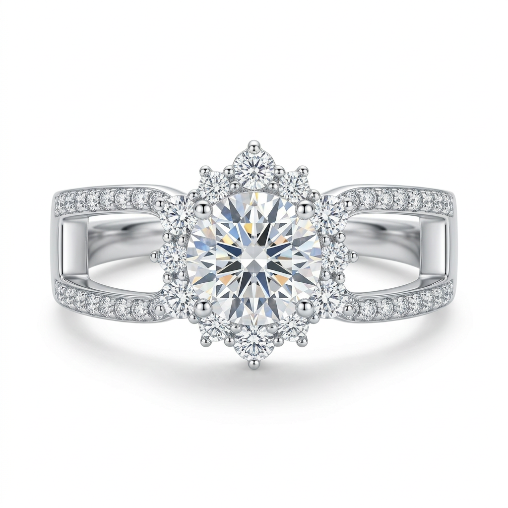 Round clear-stone ring with broad silver-tone open-loop accent-stone shoulders on white