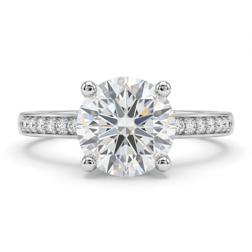 Round clear-stone solitaire ring with a silver-tone accent-stone band on white