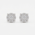 Close-up of two round clear stone stud earrings in silver-tone prong settings on a white background