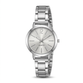 Classic silver-tone round-dial quartz watch with polished linked bracelet on white