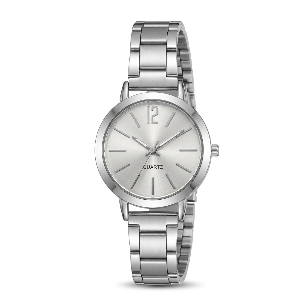 Classic silver-tone round-dial quartz watch with polished linked bracelet on white