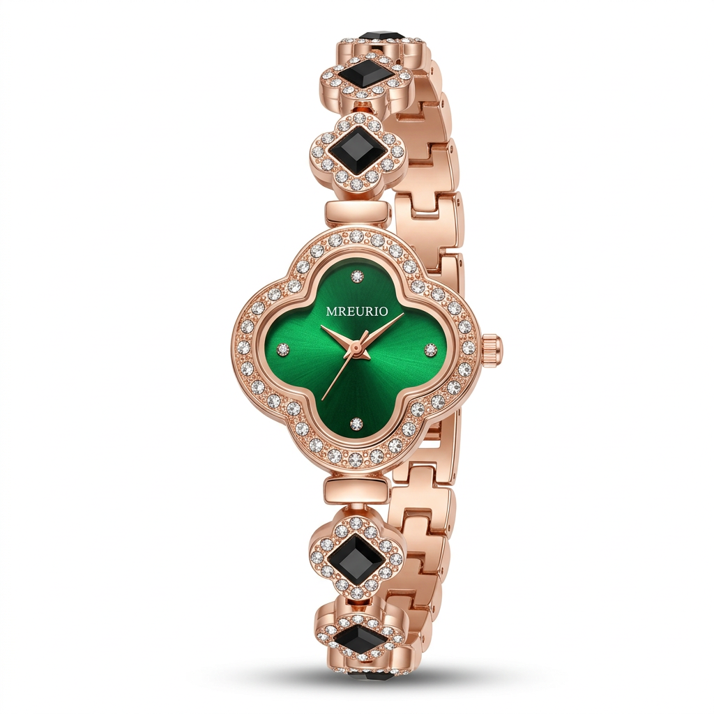 Green clover-dial rose-tone bracelet watch with clear accents and dark square decorative stones on white