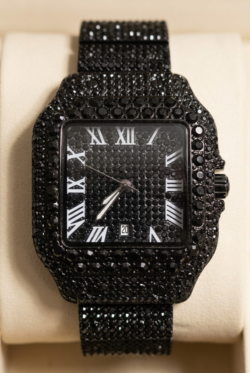 Black-tone sparkling rectangular Roman numeral watch on a neutral ivory background